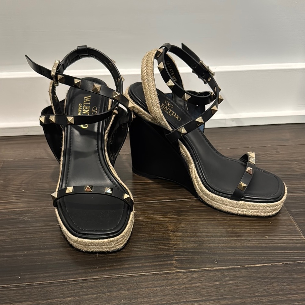 Valentino Black and Gold Wedge Sandals
